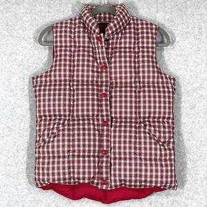 Lands End Vest Women XS Tartan Plaid Down Filled Puffer Snap Red Pockets Outdoor